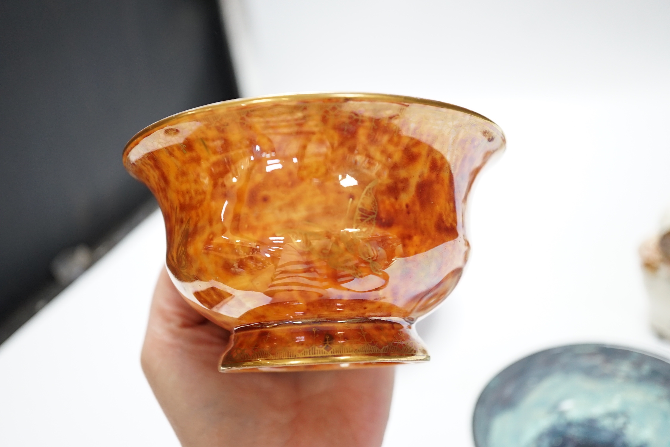 Two Wedgwood lustre bowls, a Vasart type glass bowl and two other items comprising Beatrix potter figure and Italian porcelain pot and cover, largest 13cm in diameter